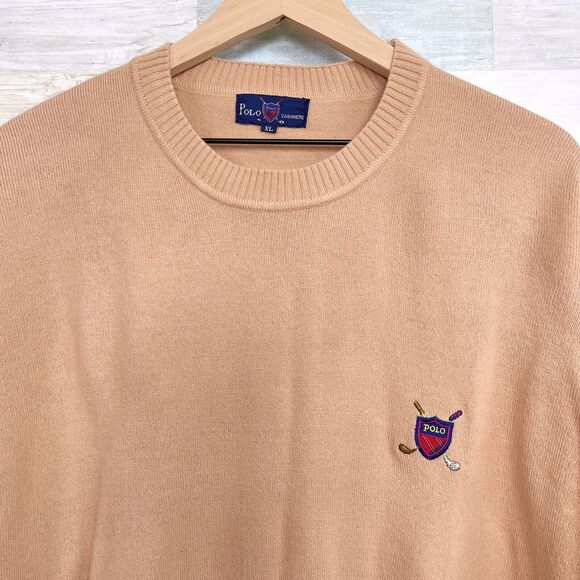 POLO Ralph Lauren Pure Cashmere Sweater Tan Golf Shield Logo Vintage Mens XL - Picture 2 of 6
